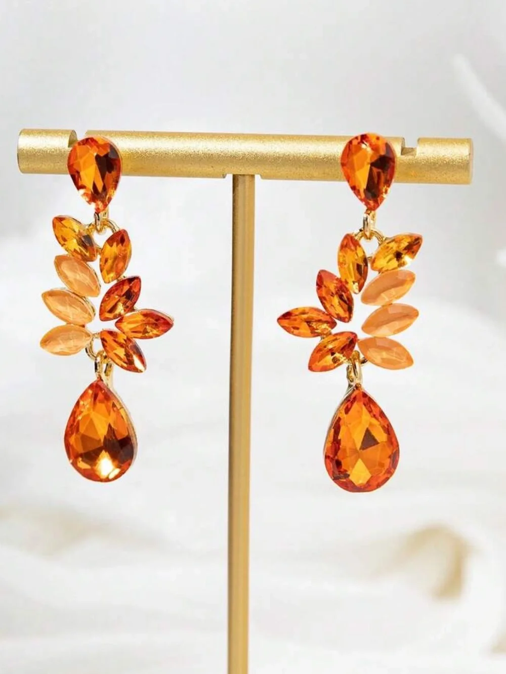 Elegant Orange Teardrop Crystal Leaf Earrings